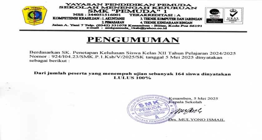 PENGUMUMAN KELULUSAN SISWA-SISWI SMK PEMUDA 1 KESAMBEN